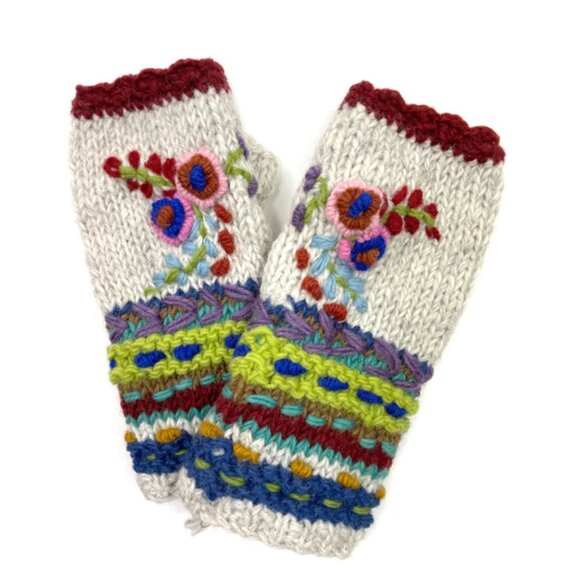 Zig Zag Accessories - 🌸🪶☮️Handcrafted Flower Embroidered Fingerless Gloves – Made in Nepal